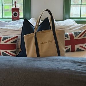 “Birkin Bag” Embroidered Canvas XL Tote with Blue Trim